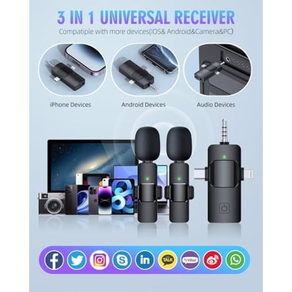3 i 1 Trådløse Lavalier Mikrofoner til iPhone, iPad, Android, Kamera, USB-C Mikrofon, 7 Timers Batteri, Mini Mikrofon