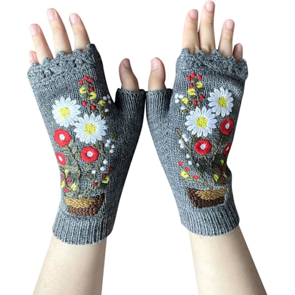 Vintervarma handskar för kvinnor med blommönster, stickade, handgjorda, fingerlösa, för att skriva