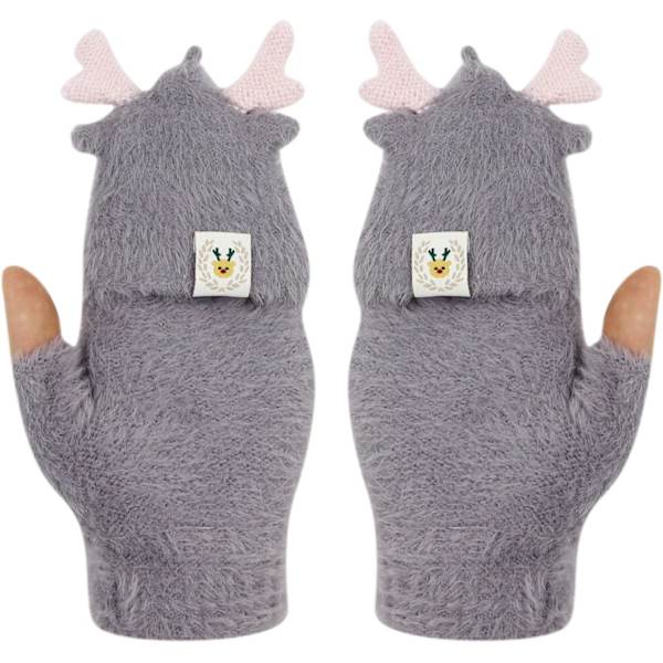 Vinterkonvertible Flip Top Fingerløse Hansker for Kvinner, Jenter, Fluffy Søte Hjortehorn Berøringsskjerm Votter
