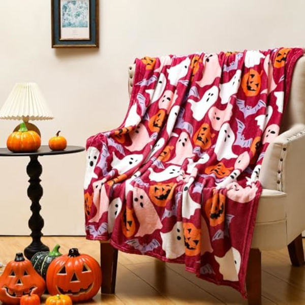 Halloween Pink Plysstof Tæppe Spøgelse Græskar Flagermus Tæppe Sød Tæppe Fuzzy Blødt Tæppe Pink Halloween Dec