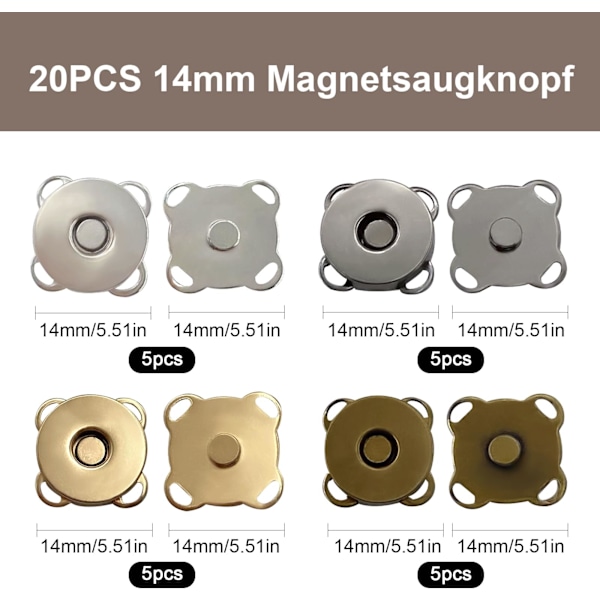 20 stk. magnetiske trykknapper, 14 mm magnetiske trykknapper for søm, 4 farger magnetisk knapp med syhull trykknapper for vesker, klær Cr