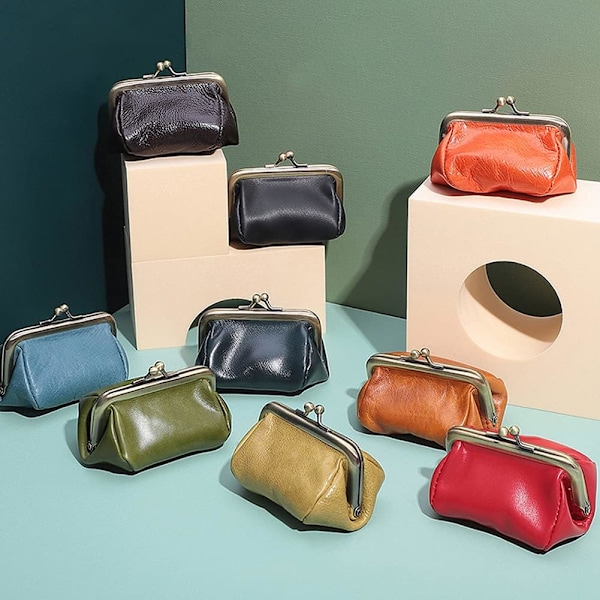 Äkta Läder Clutch Väska för Kvinnor Kyss Lås Plånbok Retro Myntplånbok Myntarrangör Söt Plånbok