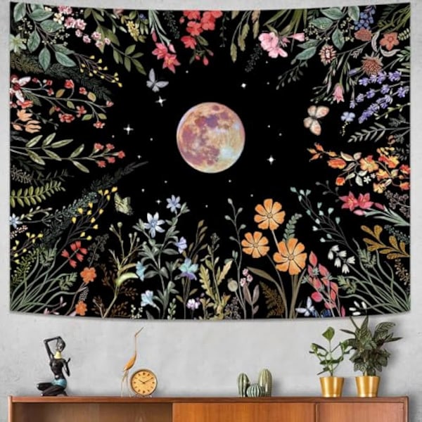 95X73cm Grön Måne Blomma Växter Väggbonad Botanisk Blommig Väggbonader Månsken Estetisk Vildblomma Tapastry's Vägg Hangi