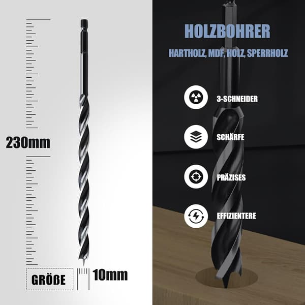 Sæt med 3 træbor 10x230mm til blødt træ, hårdt træ med centreringsspids og E-skaft 6.35