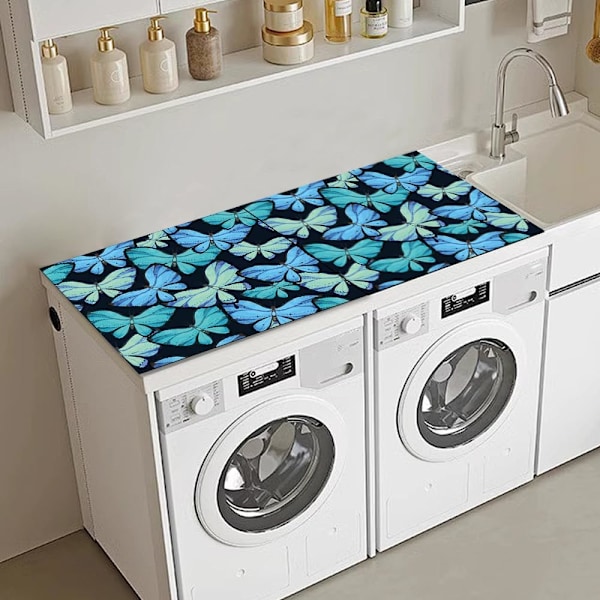 2 stk. (Blå, 60 x 50 cm) Toppdeksler for vaskemaskin og tørketrommel, sklisikker absorberende matte, støvtett deksel for vaskemaskin og kjøleskap, sommerfugl-toppdeksel for vaskemaskin og tørketrommel