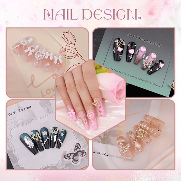 3D Nagelberlocker och Ädelstenar Set 7, 20ST Klumpiga Fjärilsberlocker + 75ST Coquette Nagelrosetter och Hjärtan + 3D Blommor för Naglar