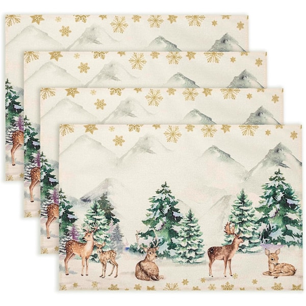 4 st. Vattenfärgshjortar Snöflinga Träd Jul Underlägg, 12x18 Tum Vintage Tvättad Säsongsbunden Vinter Julbord Underlägg