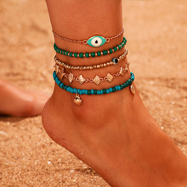 Simsly 5-pack Boho Anklets Set Strandarmband med Pärlor Legering S