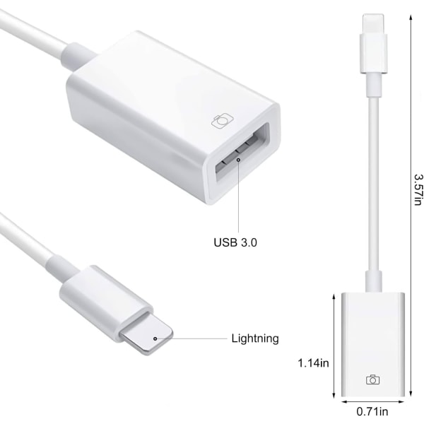 USB-adapter för iPhone till USB iOS OTG-kabel för iPhone iPad, USB-kameraadapter för iPhone, stöder