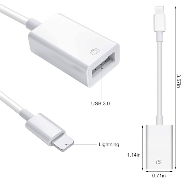 USB-adapter til iPhone til USB iOS OTG-kabel til iPhone iPad, USB-kameraadapter til iPhone, understøtter