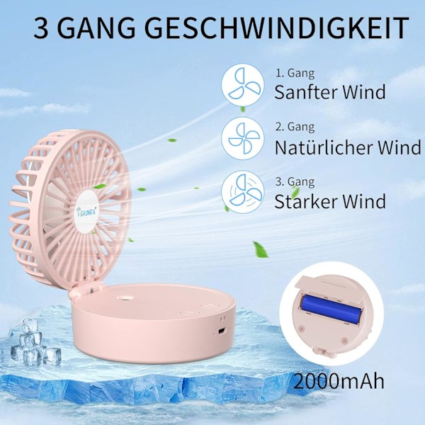 x Mini Kannettava Tuuletin (Pinkki) Viilentävällä Sumulla ja Ladattavalla Akulla, Taitettava, 7 Värin Yövalo, USB, 3 Nopeutta, Sopii Naisille ja Lapsille