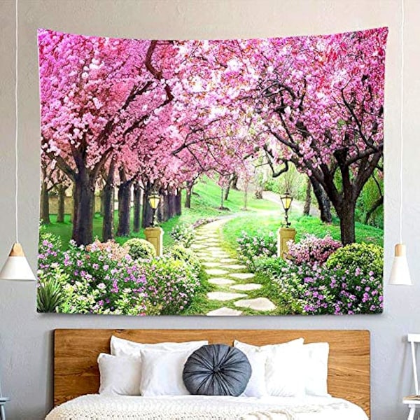 100x75cm Treblomsterveggteppe Skogsti Rød Kirsebærblomst Veggdekorasjon Teppet for Soverom Stue Sovesal