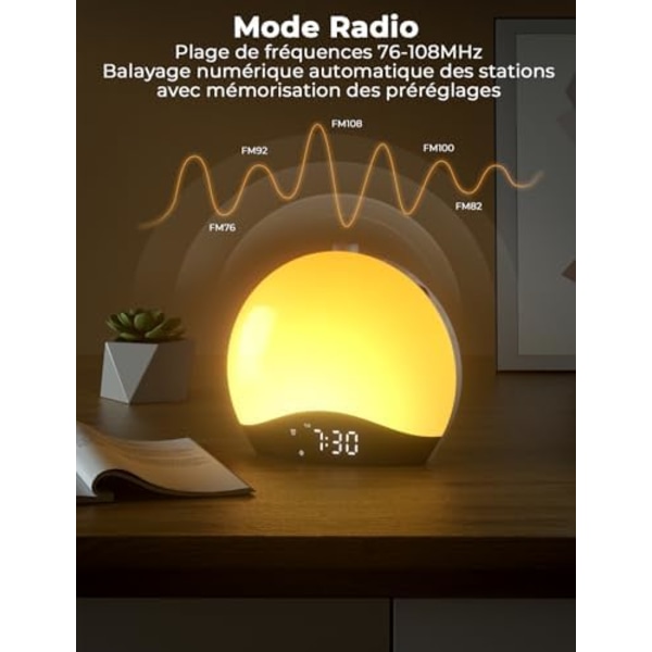 Valoisa herätyskello radiolla, aamunkoiton simulaatio herätyskello LED-yöpöydän lampulla, Bluetooth-toiminto, 20 B