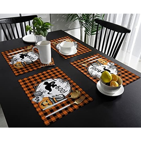 Halloween Boo Placemats Set om 4, Spöke Läskig Pumpa Häxhatt Bomullslinne Fläcktåliga Bordstabletter Tvättsbara Plac