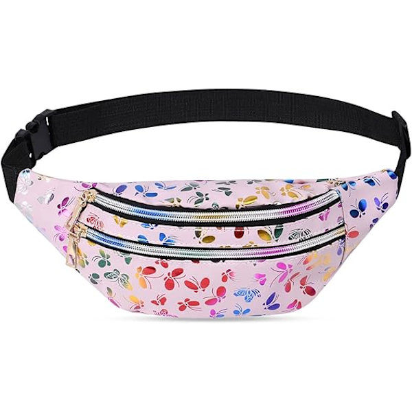 (Rosa) Unisex Lasertrykt Midjeveske, Multi-lomme Vanntett Mote PU Midjeveske for Reiser, H