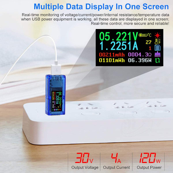 USB 3.0 -testeri, multimetri, 3,7-30 V, 0-4 A, USB-digitaalinen virta- ja jännitetesteri, mittari, volttimittari, ampeerimittari