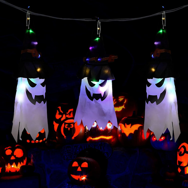 Halloween-kummituskoriste, 5 kpl Halloween-riippuva kummitusnoidan hattuvalo Halloween-koriste LED-valot