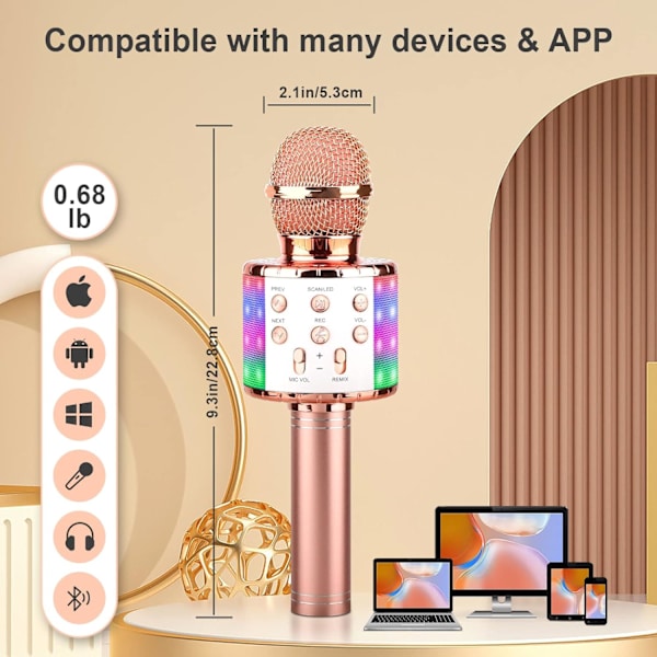(Roséguld) Trådlös Karaoke Mikrofon, Bärbar Bluetooth Karaoke Mikrofon för Barn/Vuxna Sjunger
