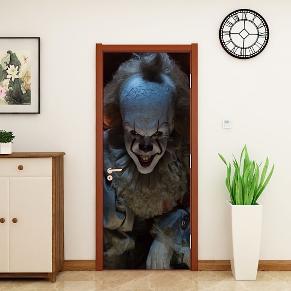 Halloween 3D pelottava paha klovni -oven tarrat, 30 x 79 tuumaa paha klovni realistinen ovi taustakuva tarra