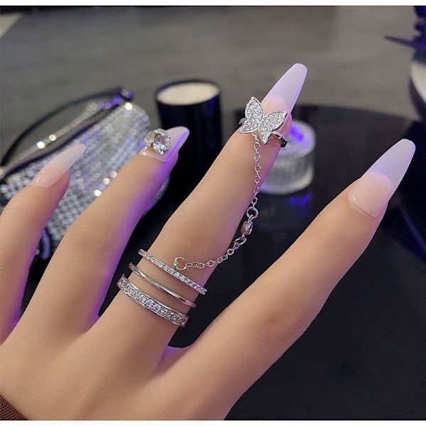 2 stk. Rhinestone Butterfly Fingernail Rings, Finger Tip Rings med Kæde Negle Dekorationer, Fashionabl