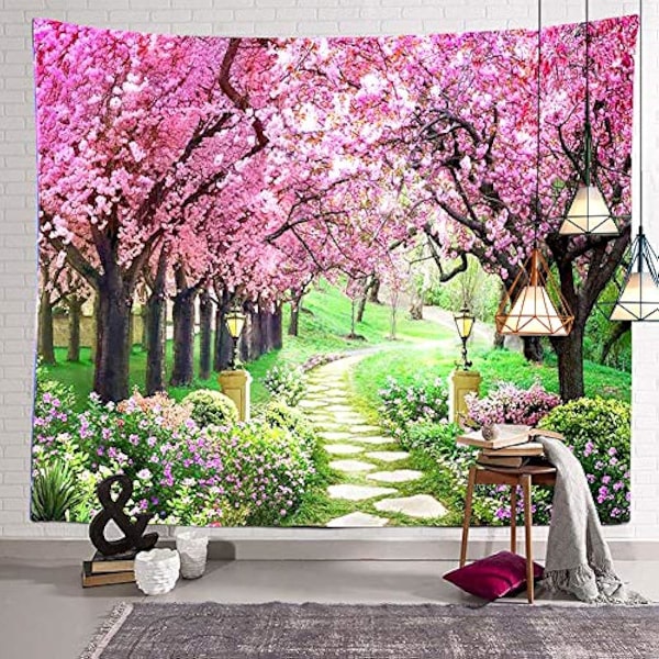 100x75cm Träd Blomma Väggbonad Skogsstig Röd Körsbärsblomma Väggbonad Dekoration för Sovrum Vardagsrum Sovsal