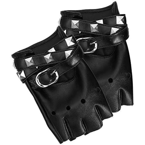 Fingerløse Kunstlæderhandsker - Sorte Biker Punk Handsker med Bæltelukning og Nitter Design til Kvinder
