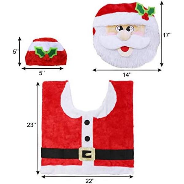 5-delars jultema badrumsdekorationssats med toalettlock, mattor, tanklock, toalettpapperslådslock och tomte