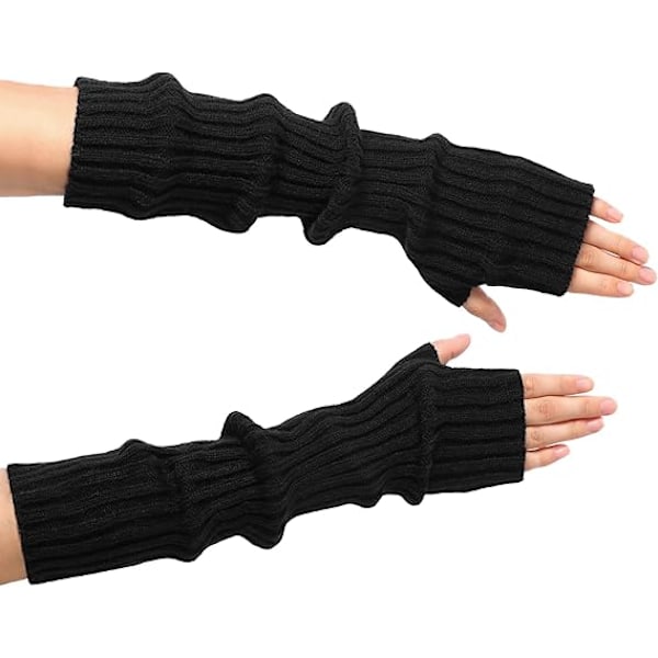 1 par Fingervantar för kvinnor, långa, stickade, med tumhål, stretchiga