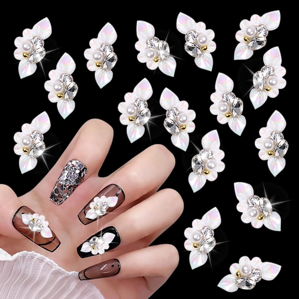 (Vit) 20 st Blomma Nagel Charm 3D Blomma Charm för Naglar Stenar och Strass för Naglar Inlägg Pärlor Pärlor Kristaller Ac
