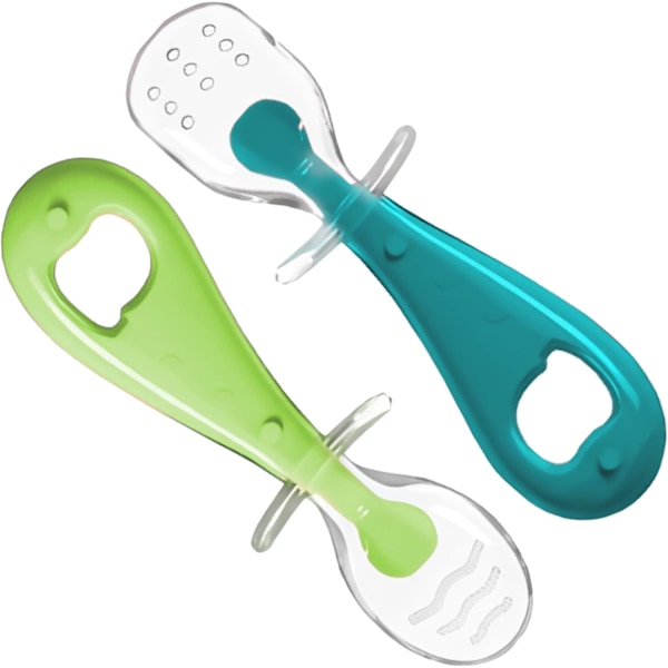 Set med 2 - Blå & Grön Sensoriska Lärskedar, Ergonomisk Silikon & BPA-fri | Mjuk Babysked för Självständig Inlärning