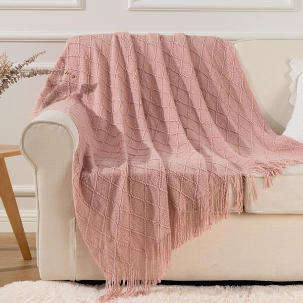 Harmaa Heittopeitto Fransuilla, Vaaleanpunainen Neulepeitto Koti Sisustukseen, Boho Tyylinen Tekstuuri Neule Koristepeitto
