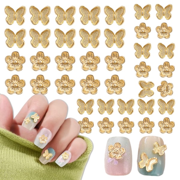 40 st Blommor Fjäril Nagelberlocker och Ädelstenar Metall Blommor Fjäril Nagelsmycken Berlocker Design 3D Guld Glänsande Kristall Nagelkonst Berlocker Strass