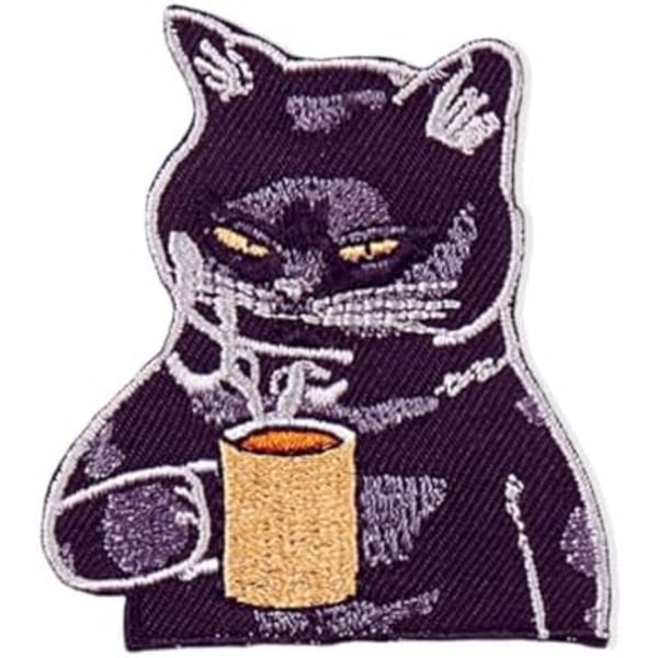 Embroidered Iron On Patches Large, The Black CAT Drink Coffee Applique for Clothes, Sew On Emblem DIY Accessories for fo