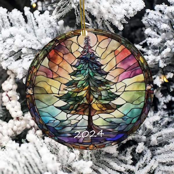 1 st julgranspynt 2024, Runda julgranspynt, Glasmålningsstil Hängande prydnader, Roliga Akryl Chri