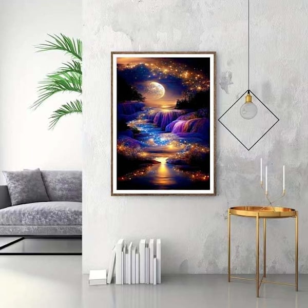 30x40cm Vandfaldslandskab Diamantkunst Sæt Til Voksne, DIY Måneskins Diamantmaleri Sæt Til Voksne Begyndere, 5D Fuld Bor Diamantprikker Med Diamo