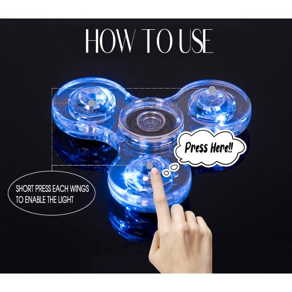 2 stk LED Lys Fidget Spinner - Krystalblå, Lys Fidget Fin