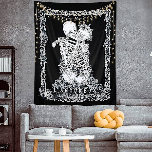 Halloween Kranie Gobelin Kysset Elskende Skelet Gobelin Vægophæng med Gotisk Rosekrans H
