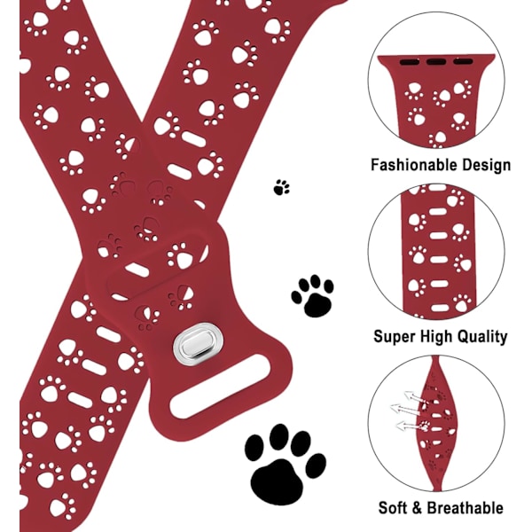 Vinröd Silikonarmband Kompatibelt med Apple Watch Armband 42mm 44mm 45mm 49mm, Utskuret Design Armband Mjukt Sport Andningsbart Klockarmband för iWatch U