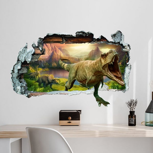 3D Dinosaur Veggklistremer Bryter Gjennom Stor Dino Jungel Dinosaur