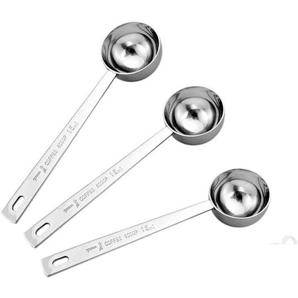Sett med 3 rustfrie stålskjeer for måling av kaffe, 1 spiseskje