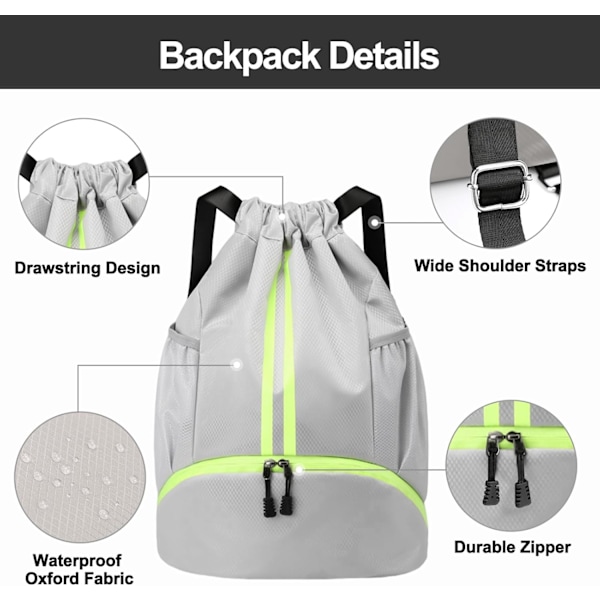(Grå) Sports Rygsæk med Snøre - Snøre Badetaske til Træning med Sko-Rum og Vandafvisende