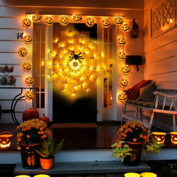 Halloween Spindelvävsljus 60LED Orange Ljus med Svart Spindel, Spindelvävsljus Utomhus Vattentät