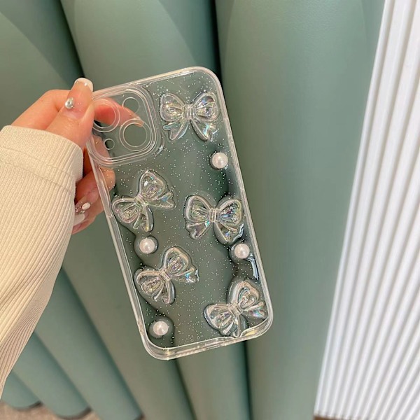 Kompatibel med iPhone 13 Cover med Klare Søde 3D Sløjfer og Perle Æstetiske Mønstre til Kvinder Teen Piger, Glitter Funklende Bagside og Fuld Linsebeskyttelse