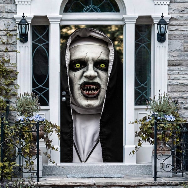 Halloween 3D Nun Door Stickers, 95x215cm Realistiska skrämmande Gho