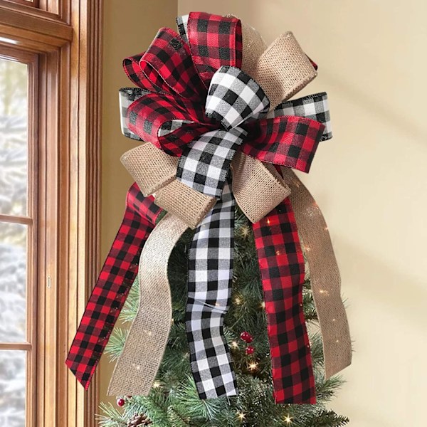 1 stk. Juletræstop - Buffalo Plaid Rød Sort Burlap Dekorativ Bue - Rustik Landhus Julepynt Hjem De