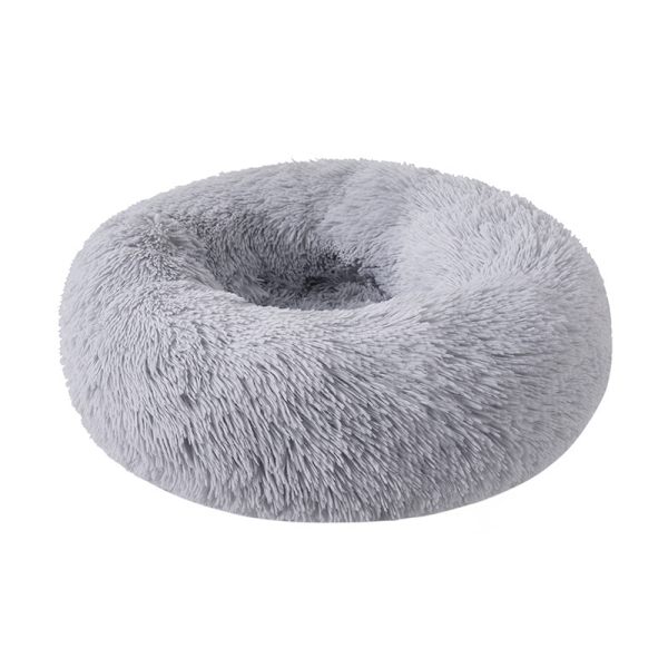 Grå plys donut hund seng, beroligende rund hund katteseng blød fluffy kæledyr måtte selvoppvarmende hvalpeseng 40cm