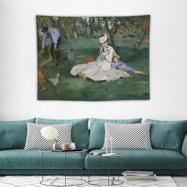 95x73cm Edouard Manet Gobeläng Monet-familjen i trädgården Impressionistisk konst Gobeläng Bildtryck Gobeläng Väggmålning