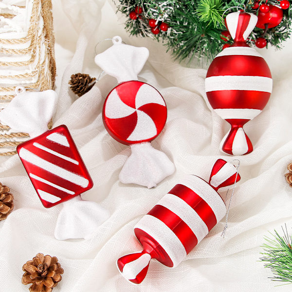 4 stk juledekorasjoner PVC malt glitter godteri anheng 16CM juletrepynt fest D