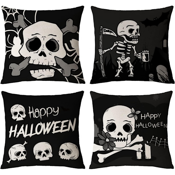 Set med 4 svarta Halloween dekorativa prydnadskuddar Skelett Spöke Kuddfodral 45*45cm