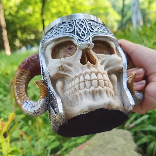 Rostfritt stål Skull Beer Mug, Viking Tankard Warrior Skull Mugg, medeltida